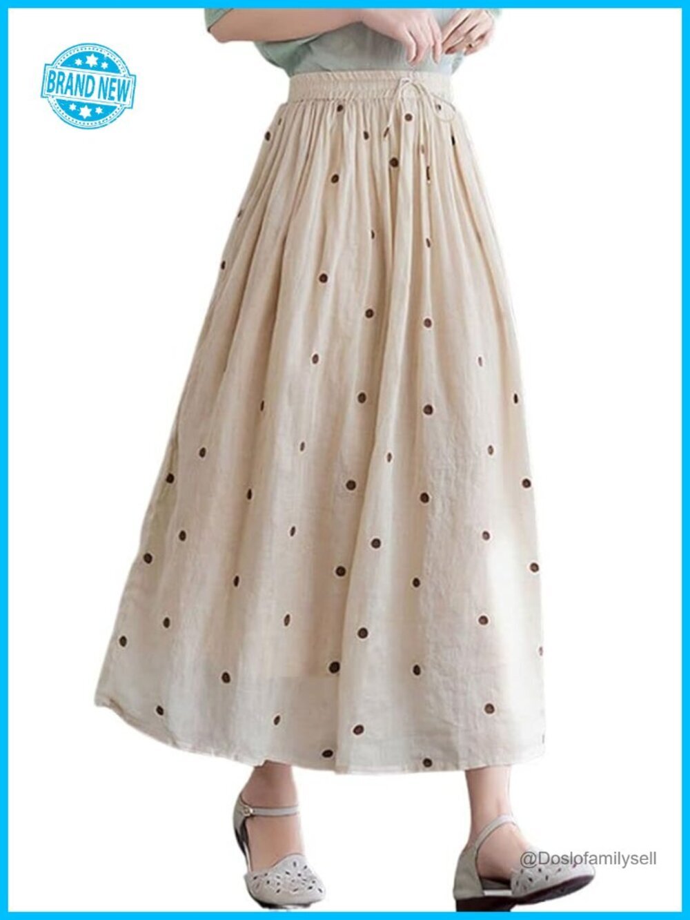 Elegant Polka Dot A-Line Skirt Swing Pleated Cotton Midi Long Skirt